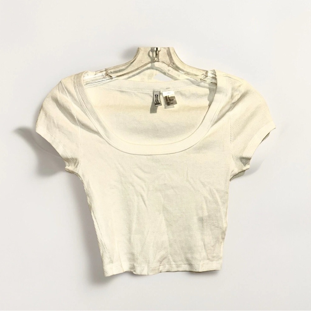Divided H&M White Ribbed Cropped Short Sleeve T Shirt Women’s Size Small